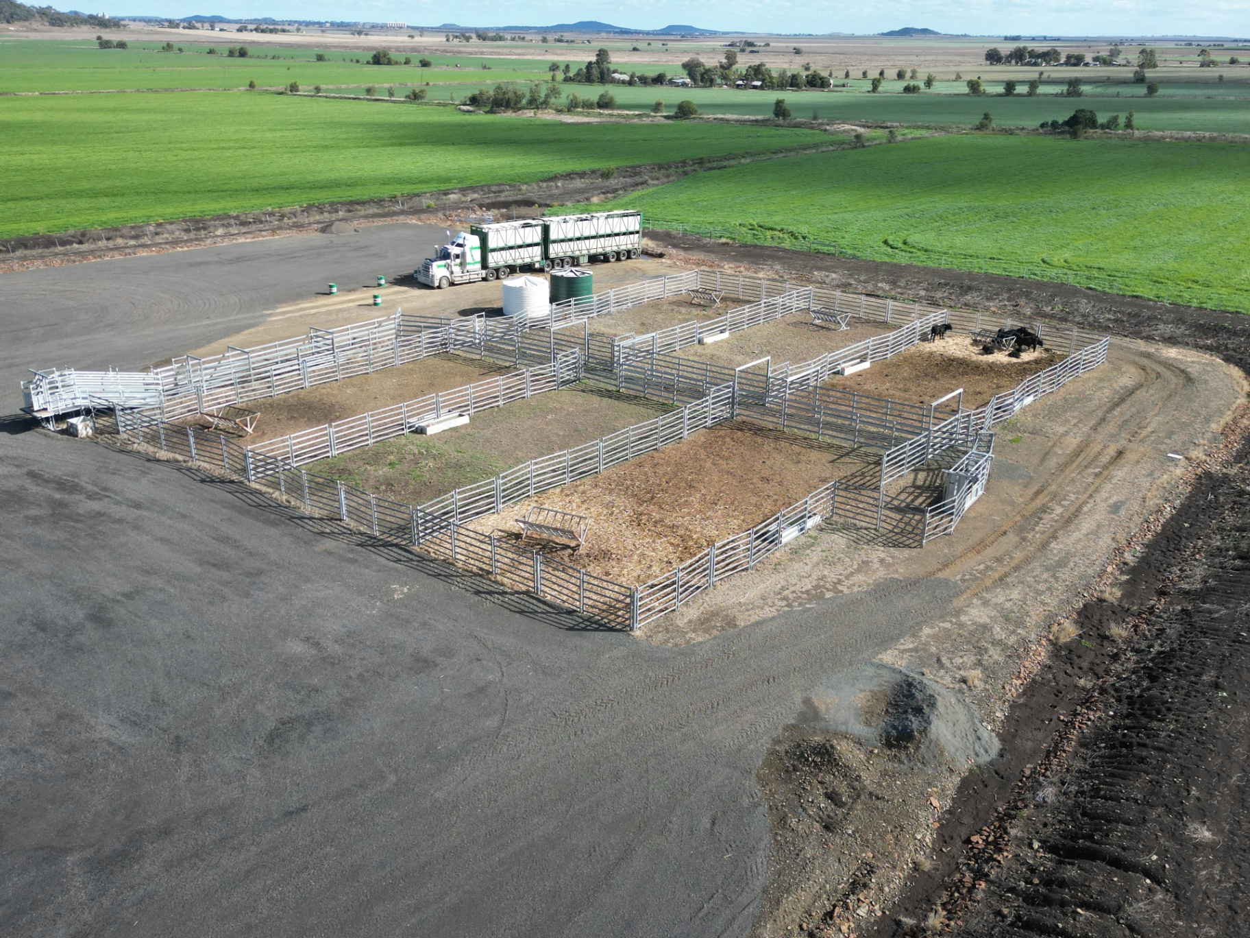 Aerial view of newly built cattle yards with pad and access laneways